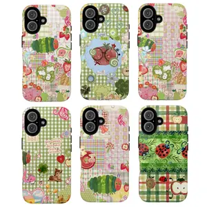 Cute Green Gingham Tough Phone Case – Patchwork Caterpillar Ladybug Strawberry Aesthetic Protective Cover for ip and ss, gift Funny Stickers Protection, for IPhone 17 Air 16 15 14 Plus 13 12 11 Max Pro Samsung galaxy Ultra 22 23 24 25 26