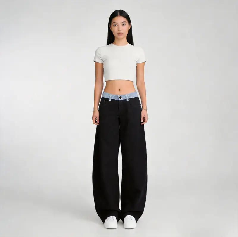 Pwest NYC Jodie Adjustable Low-Rise Loose-Barrel Leg Cotton Jeans - 2000s Y2K Minimalist Trendy Jeans, Adjustable Snap Buttons, Color-Blocked Waistband, Soft Daily Wear, Back to School