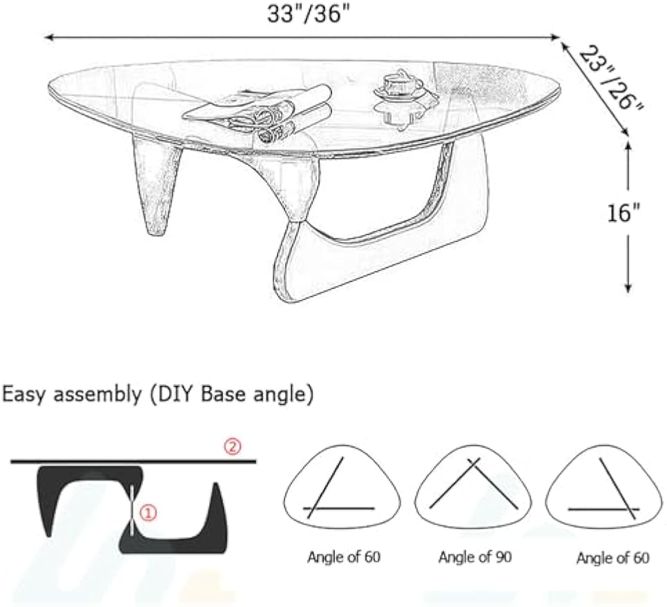 Mid-Century Modern Triangle Coffee Table - Walnut Solid Wood Pedestal, Transparent Glass Top, 36x25.6x16 in Low-Profile Minimalist Tea Table for Living Room Home Decor
