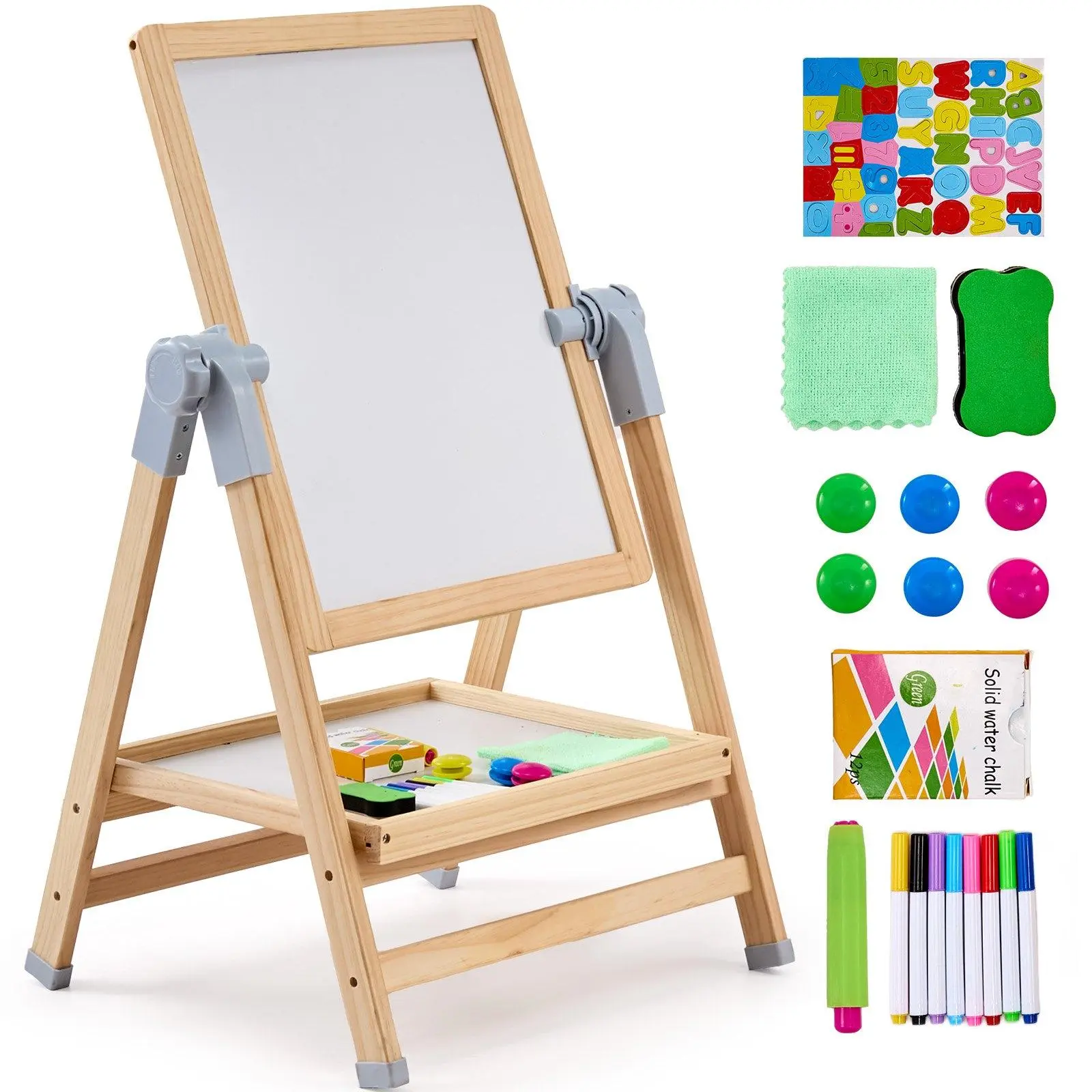 VEVOR 2-in-1 Kids Art Easel Double-Sided Wooden Magnetic Whiteboard Chalkboard，Christmas gift