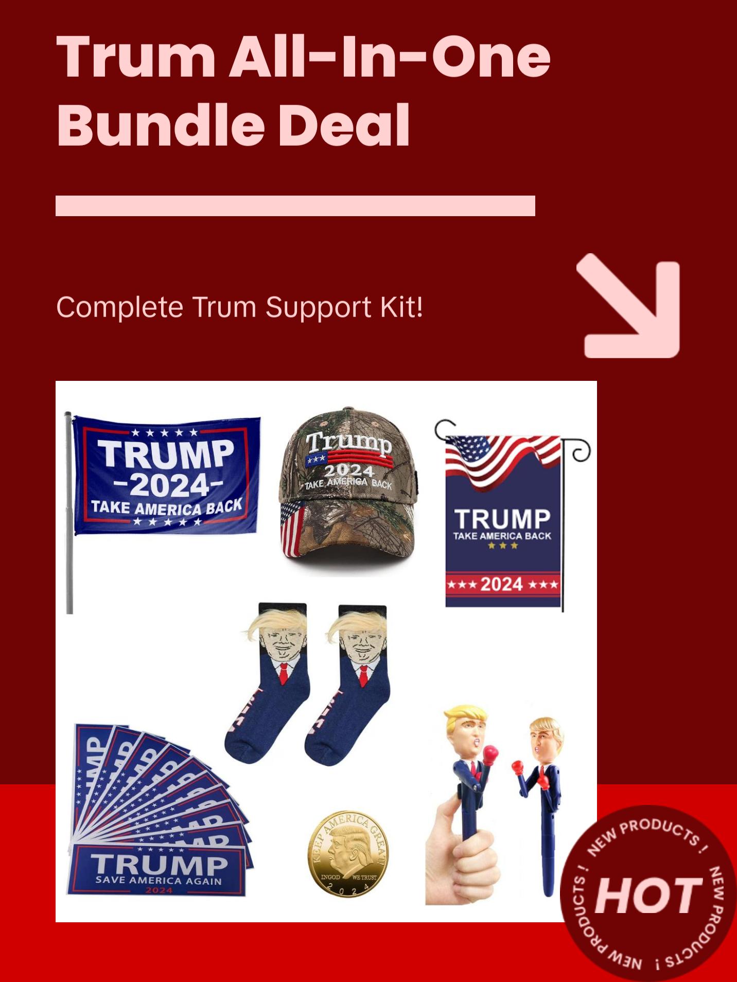 Trum 2024 All-In-One Bundle including socks, hat, banner, flag, multi-function pen, stickers, and coin