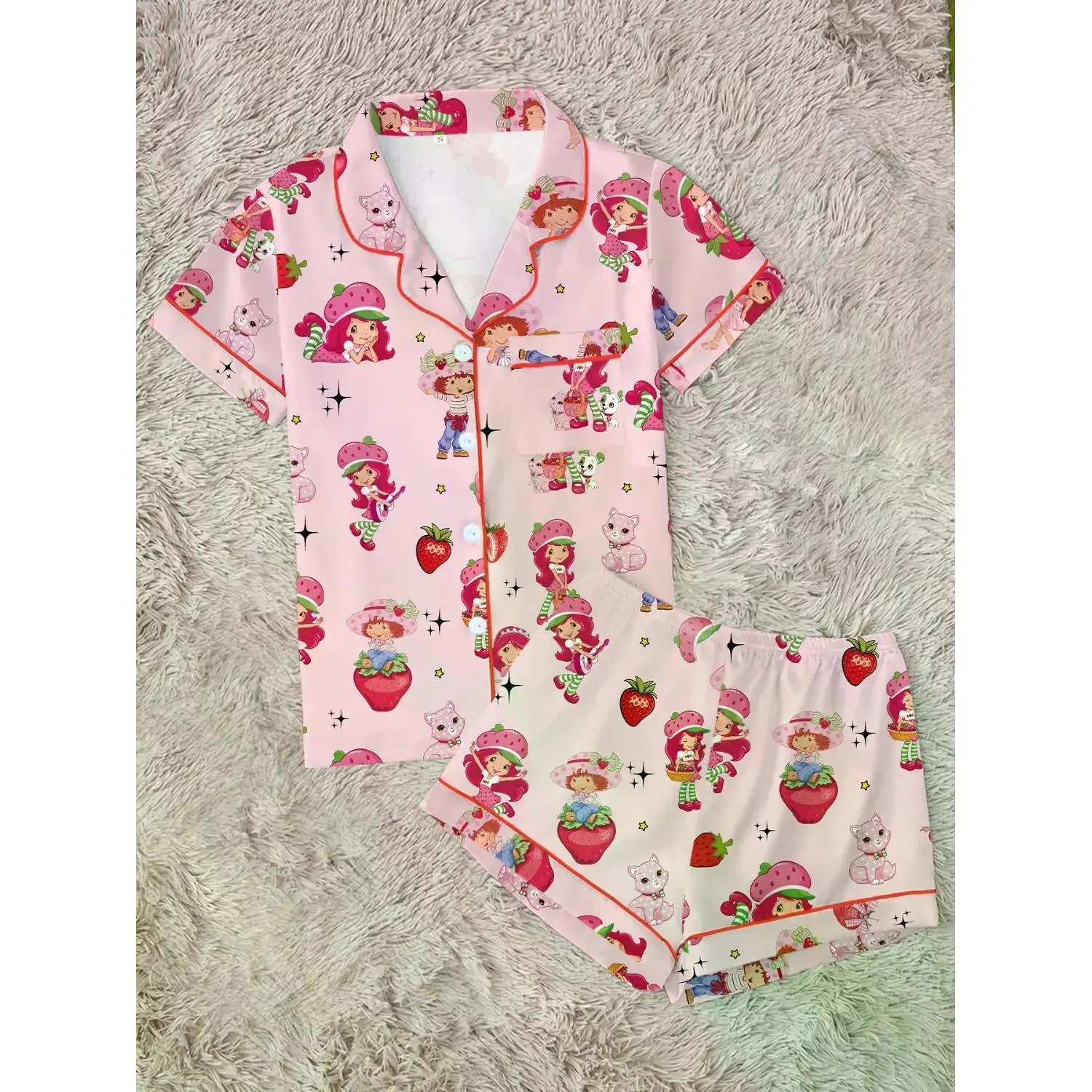 Vintage-Inspired Women's Strawberry Pajama Set, Soft Tone Button-Up Short Sleeve Sleepwear, Comfortable 2-Piece Summer Loungewear