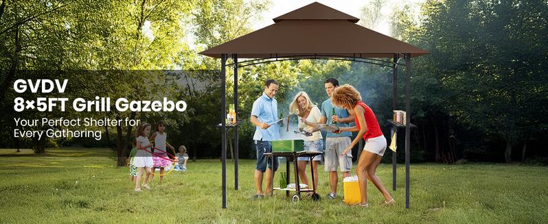 GVDV 8x5FT Grill Gazebo - Outdoor BBQ Canopy Shelter with 2 Side Shelves & Double-Tiered Top for Patio Backyard Grilling, Brown