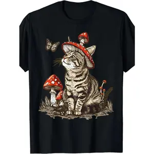 Whimsical Gray Cat Mushroom Aesthetic Graphic Tee - Soft 100% Cotton, 220g Lightweight Fabric, Comfortable Casual Wear for Animal Lovers