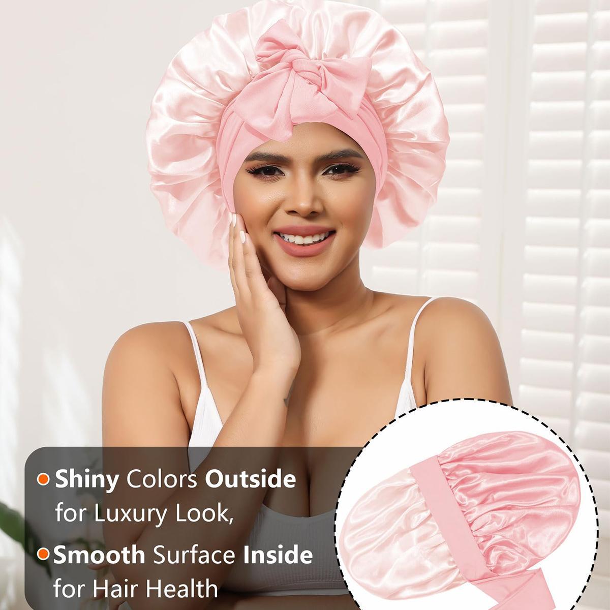 AWAYTR Double Layered Two Color Satin Bonnet Women's Silk like Bonnets for Sleeping with Tie Band Curly Hair Care Night Cap Gifts