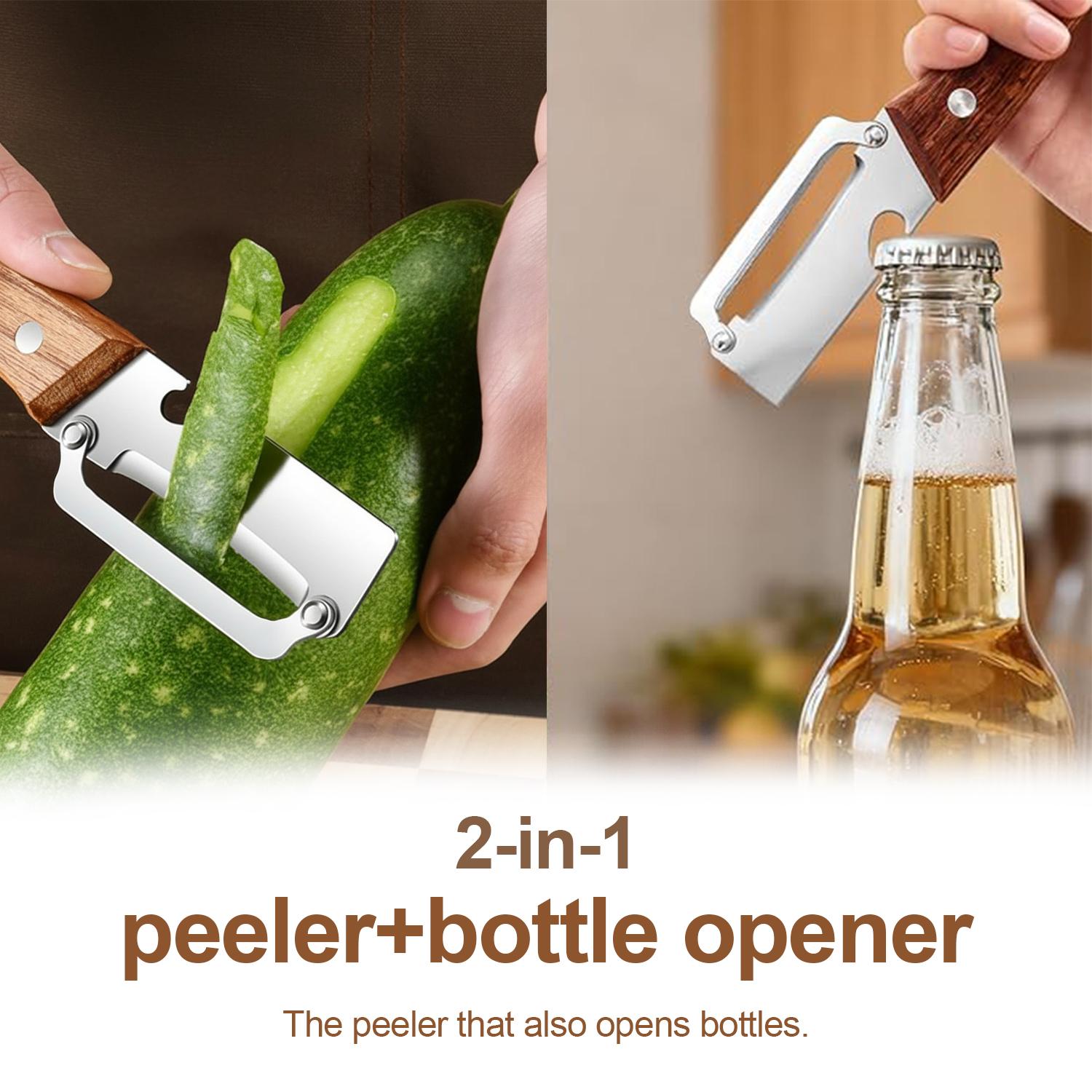 Multi-Functional Stainless Steel Peeler with Bottle Opener Peeling knife with Wooden Handle Kitchen Tool for Fruit Potato Pumpkin Papaya Sugarcane