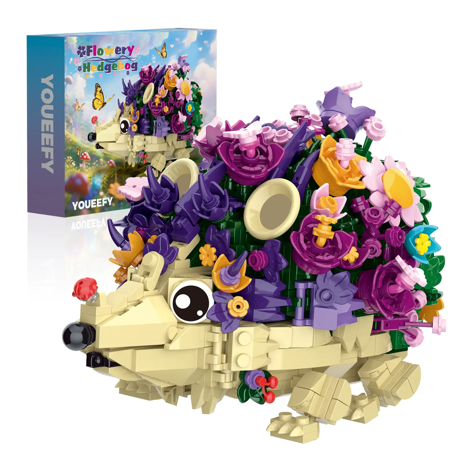 Cute Hedgehog Building Blocks Set with Colorful Flower Spines & Display Stand, Perfect Easter & Christmas Toys and Gifts for Kids and Animal Lovers (1000+ pcs)