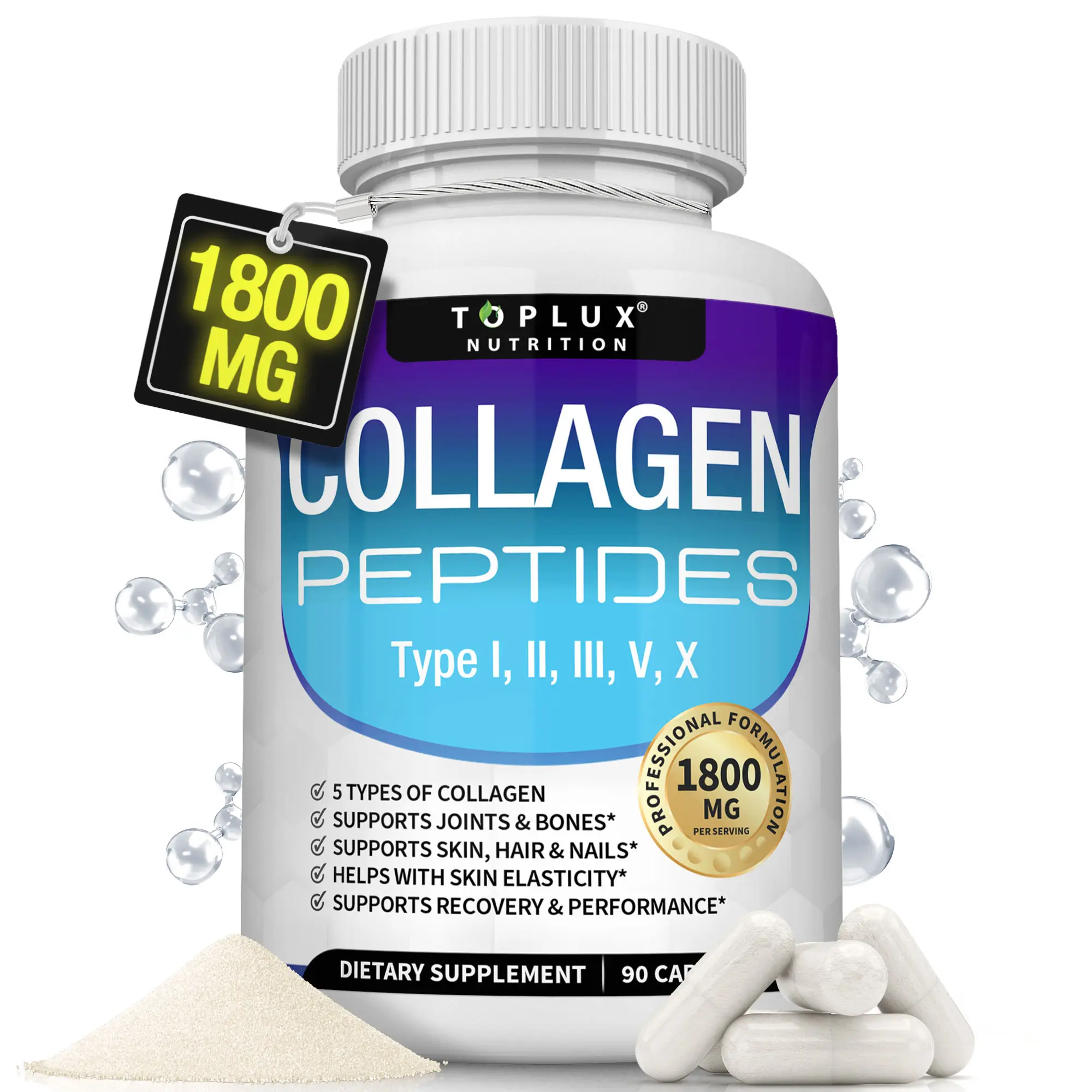 Toplux Nutrition Collagen Peptides 5 Types Complex 1800mg US Made Dietary Supplement for Health Beauty Fitness 90 Capsules Toplux Nutrition Collagen Peptides 5 Types Complex 1800mg US Made Dietary Supplement for Health Beauty Fitness 90 Capsules