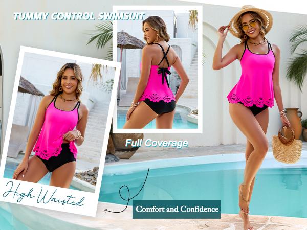 Blooming Jelly Womens Swimsuits Tankini Tummy Control 2 Piece Bathing Suit Modest Beach Vacation Clothes