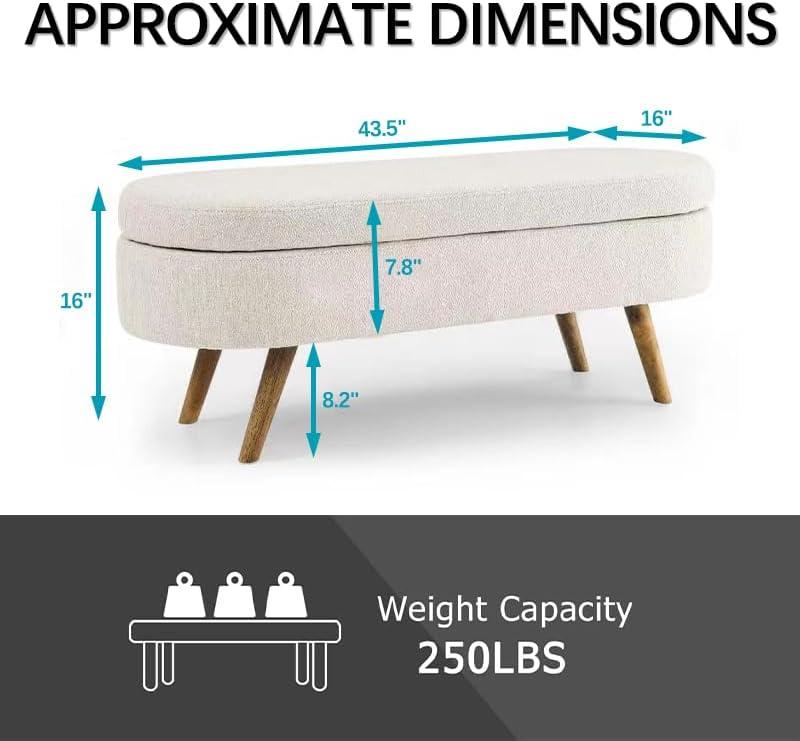 Niccae 43.5" Oval Storage Bench Linen Fabric Upholstered with Solid Wood Legs Soft Cushioned Stool for Living Room Bedroom End of Bed or Entryway