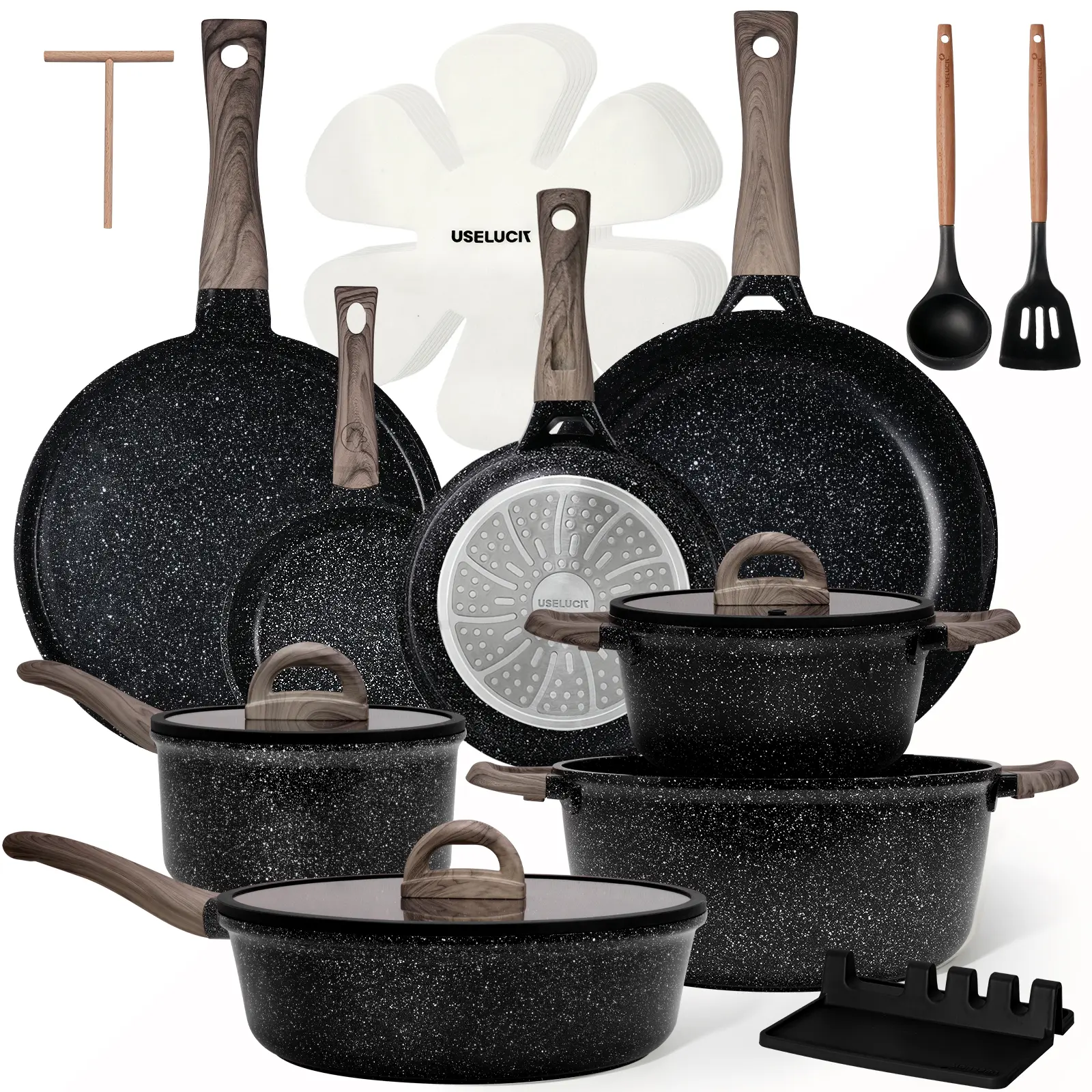 USELUCK Cookware Set 8-Pans 22-Piece Ceramic Cookware Set Non-Stick Kitchen Pots with Lids Creamy White Granite Finish Induction Cooktop Compatible Includes Glass Lids Crepe Pan PFOA/PFOS-Free Gift Boxed Kitchen Set