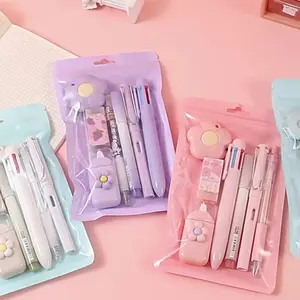Cute Stationery Set – 7-Piece Writing Essentials Kit, Pink Kawaii School & Office Supplies, Includes Ballpoint Pens, Highlighter, Pencil Sharpener, Correction Tape, Ruler & Utility Knife& Desk Supplies