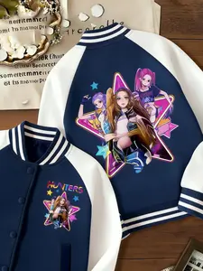K-POP Huntress Girl Group Short Baseball Jacket, Cartoon Design, Kids Activewear, Elastic Fabric, Fall Winter Warm Coat, Trendy School Outfit for Halloween