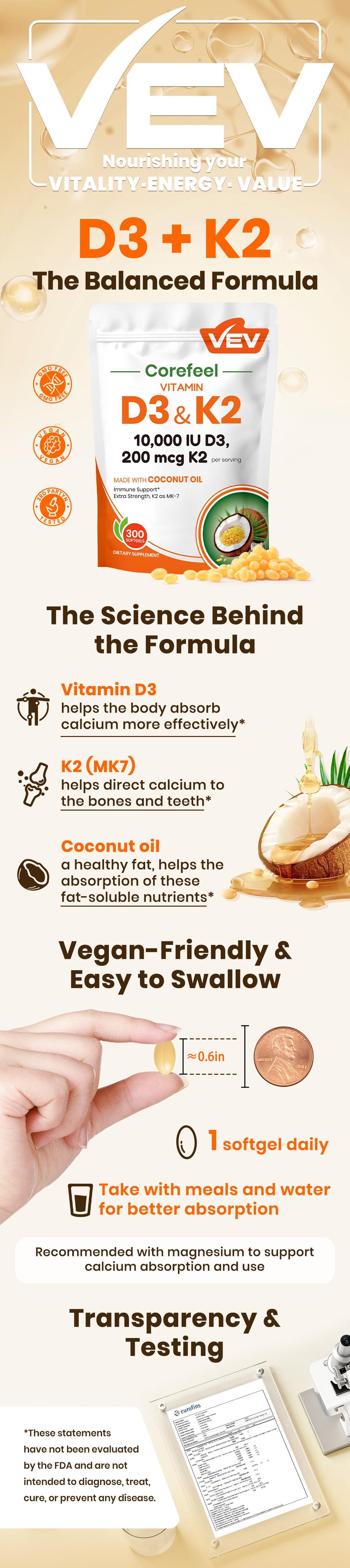 VEV Corefeel Vitamin D3 K2 Supplement Softgels, Mothersdaygift