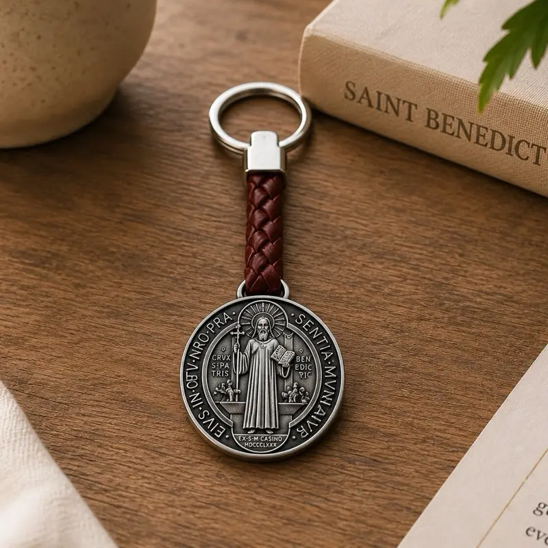San Benito Medal Keychain - Unisex Stainless Steel & Braided Leather Daily Chain Jewelry Necklaces with Engraved Cross Biblical Pendant