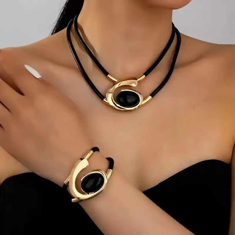 Bohemian Style Easy Geometric Necklace and Bracelet Set for Women KC Golden Plated Iron Alloy Jewelry for Daily Wear and Gift Giving