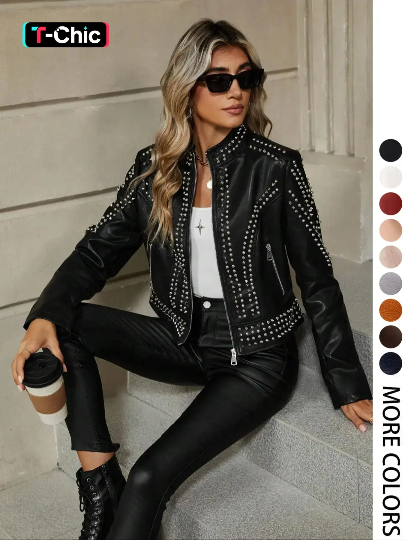 Women's Spring Autumn Jacket Coats, Casual Fashion Outerwear, Casual Fitted Long Sleeve, Vintage Stand Collar, Rivet Motorcycle Jacket with Zipper Pockets, Biker Jackets, Womenswear, Tops