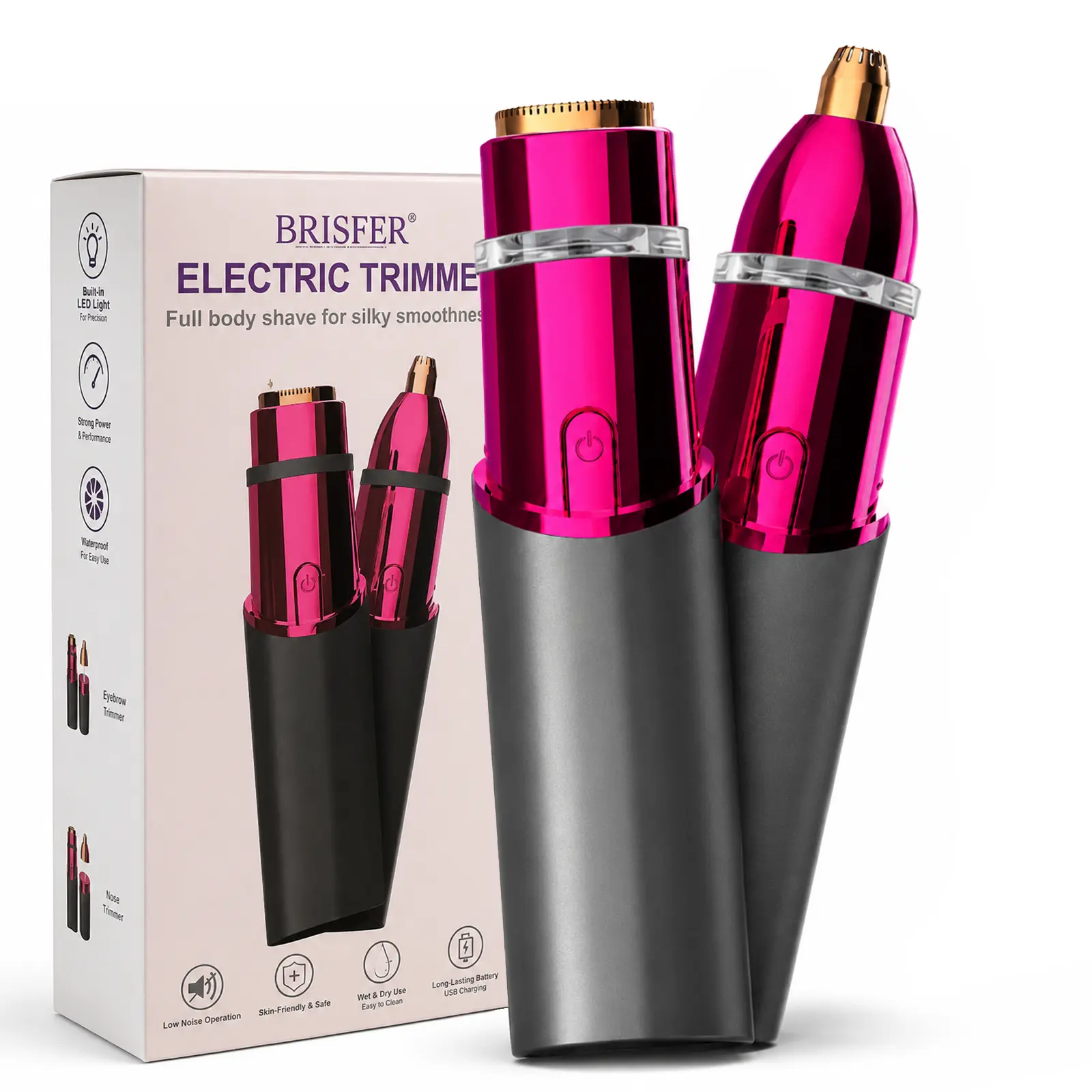 Women's 2-in-1 Electric Eyebrow Trimmer & Facial Hair Remover, Rechargeable Built-in Cells Handheld Tool with LED Light, Compact Portable Eyebrow Shaping Tool for Silky Grooming, Dual Function
