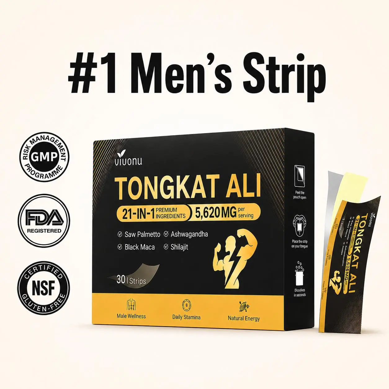 MEN'S MAX 21-in-1 Premium Dietary Supplement Oral Strips for Adult Men - 5620 mg per Serving, Ashwagandha, Black Maca for Energy, Stamina, Endurance, Vitality, Performance Support
