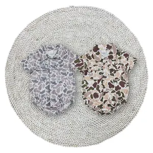 Baby Boys Old School Grey Green Hunting Season Camouflage Short Sleeve Snaps Pockets Button Ups Stretchy Soft Rompers