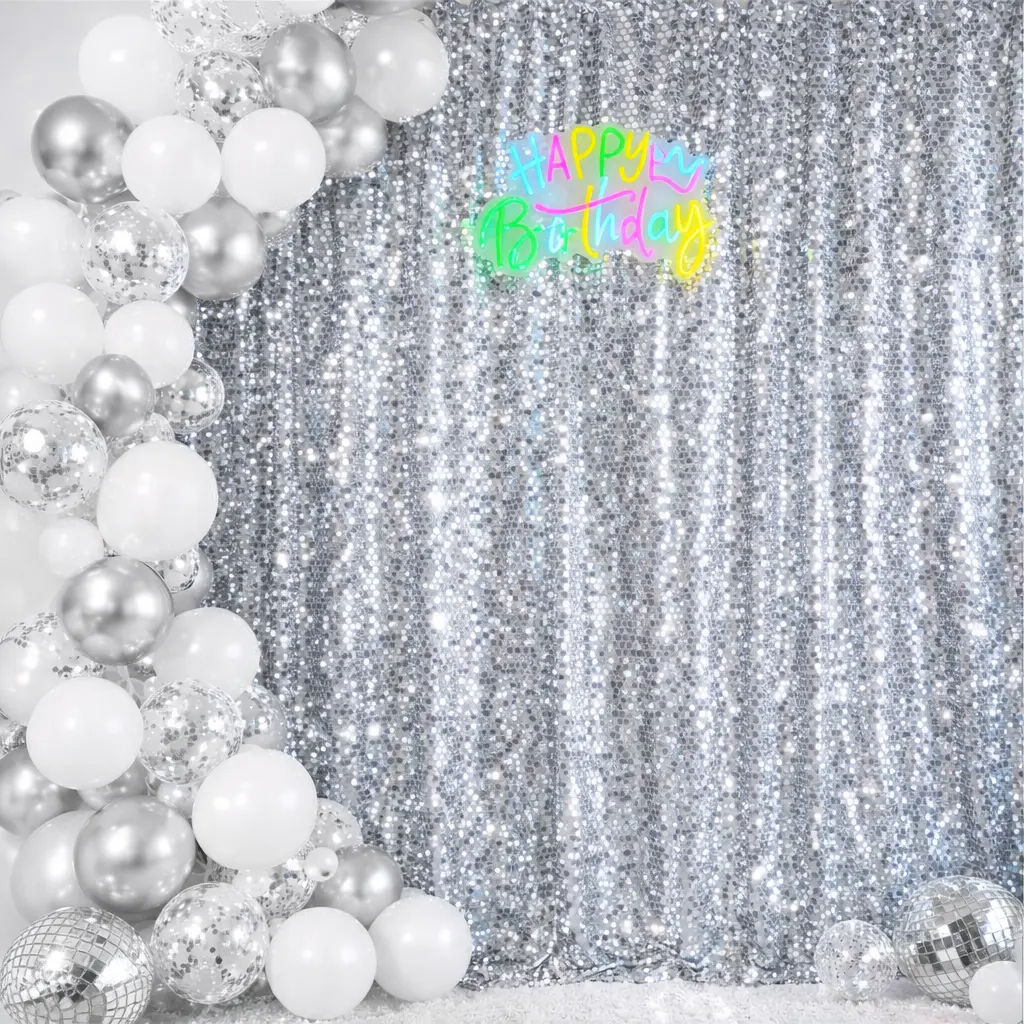 GLITZ HAPPY Silver Sequin Backdrop 9 ft x 8 ft Shiny Wall Backdrop  for Birthday Christmas Wedding Parties Hanging Glitter Photo Studio Backdrop with 4 Inch Rod Pocket
