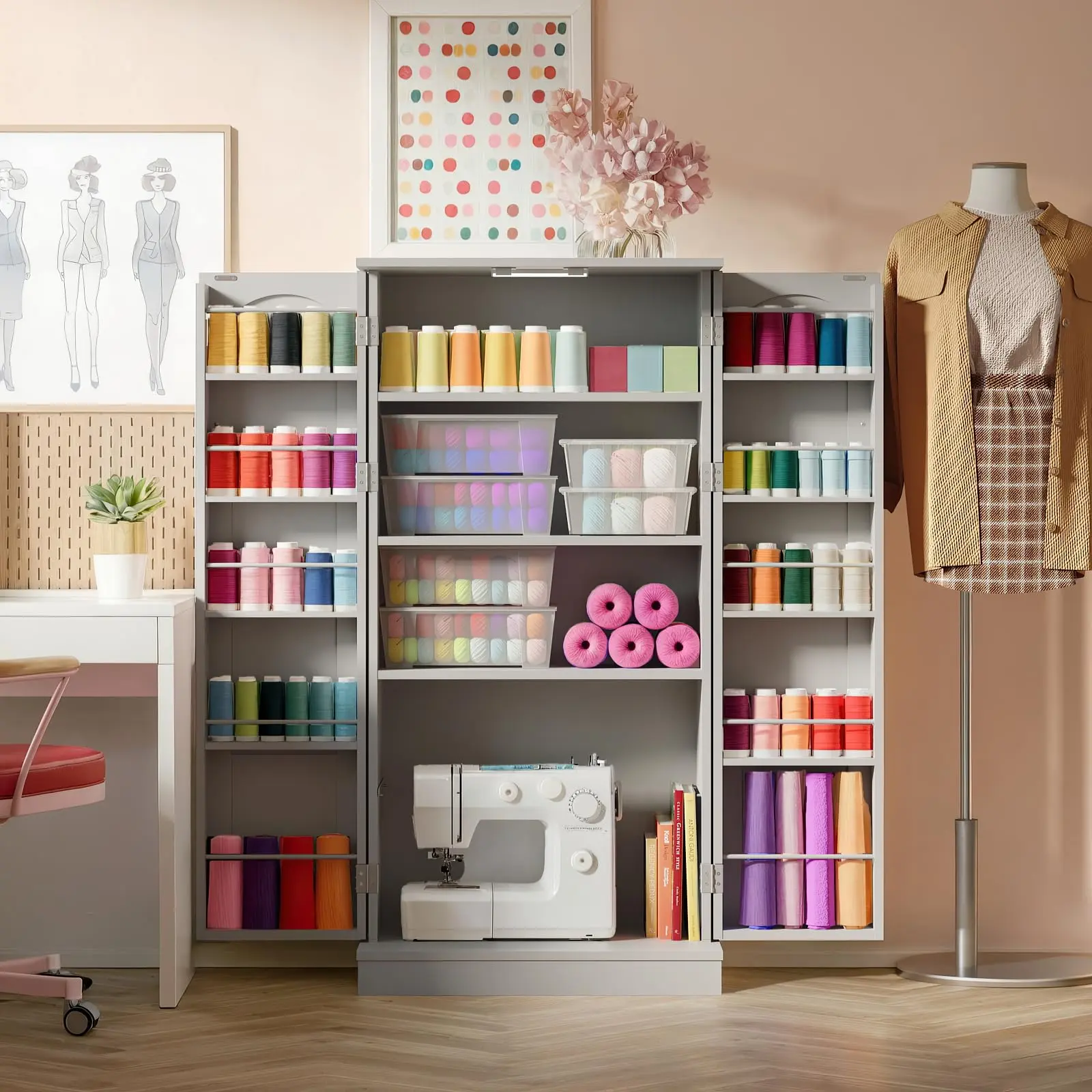 Furnaza Home 50" Modern Craft Storage Cabinet with LED Lights - Adjustable Shelves, Multi-Purpose Sewing Organizer for Craft Room, Home Office Wood Cabinet