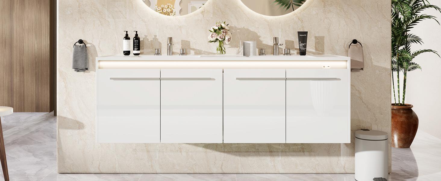 AMERLIFE 31"/60‘’LED Floating Bathroom Vanity with Sink, High Gloss Single Sink Wall Mounted Bathroom Storage Vanity Cabinet, Modern Bathroom Sink Cabinet with Metal Handles,Best Gift Ideas/Christmas Gifts