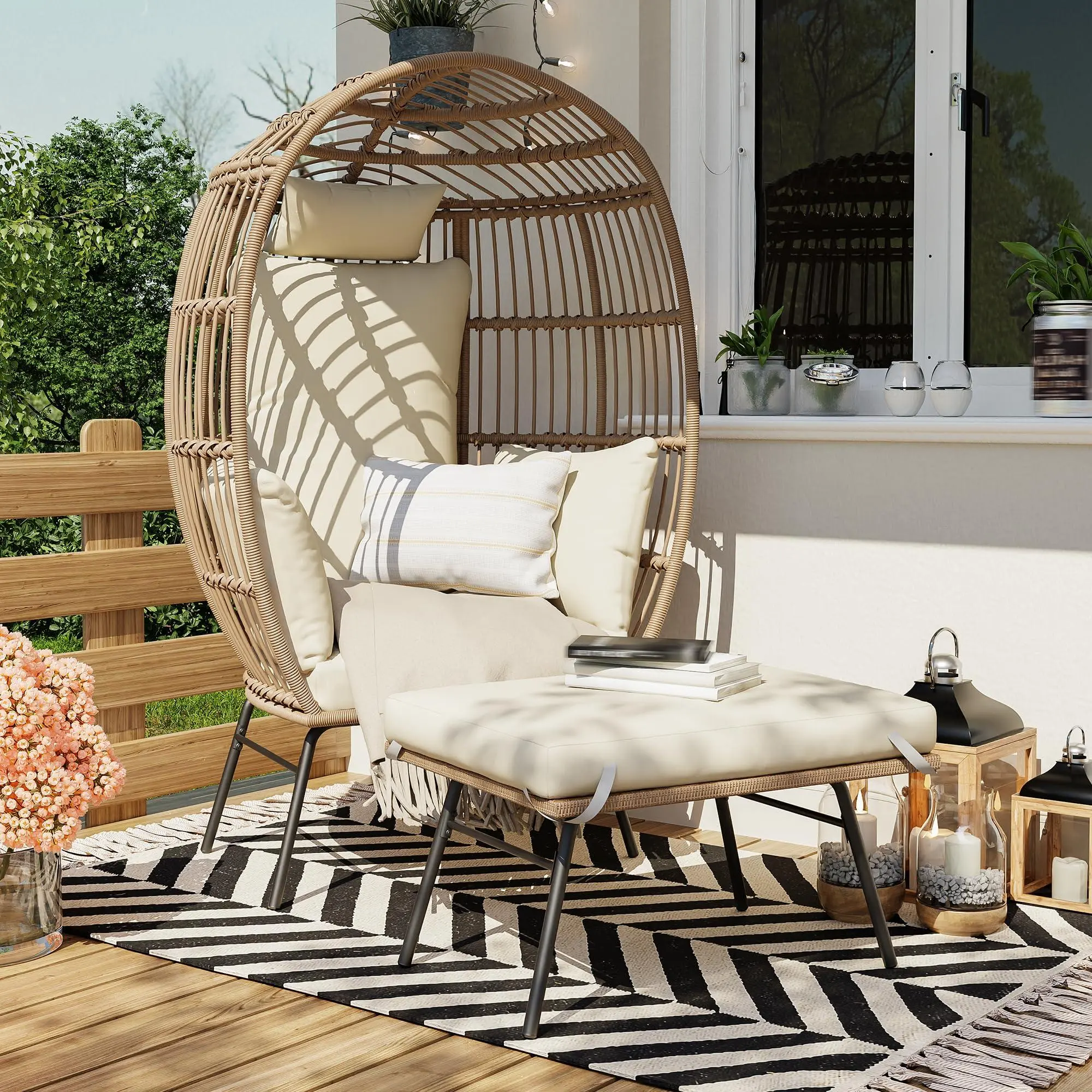 Oversized Beige Heavy-Duty Wicker Egg Lounge Chair with 4 Comfy Cushions, Removable Covers, Adjustable Ottoman, 440-450 Lbs Capacity, Boho Weave Rattan, Fast Setup Indoor-Outdoor Patio Chair for Living Room, Garden (Assembly Required)