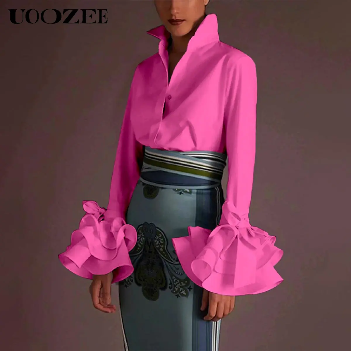 UOOZEE Women's Minimalist Fitted Dressy Top with Lapel Collar, Bow-Tie Ruffle Cuffs for Office Work Clothes, Capsule Wardrobe Essential,back to school,back to school shopping