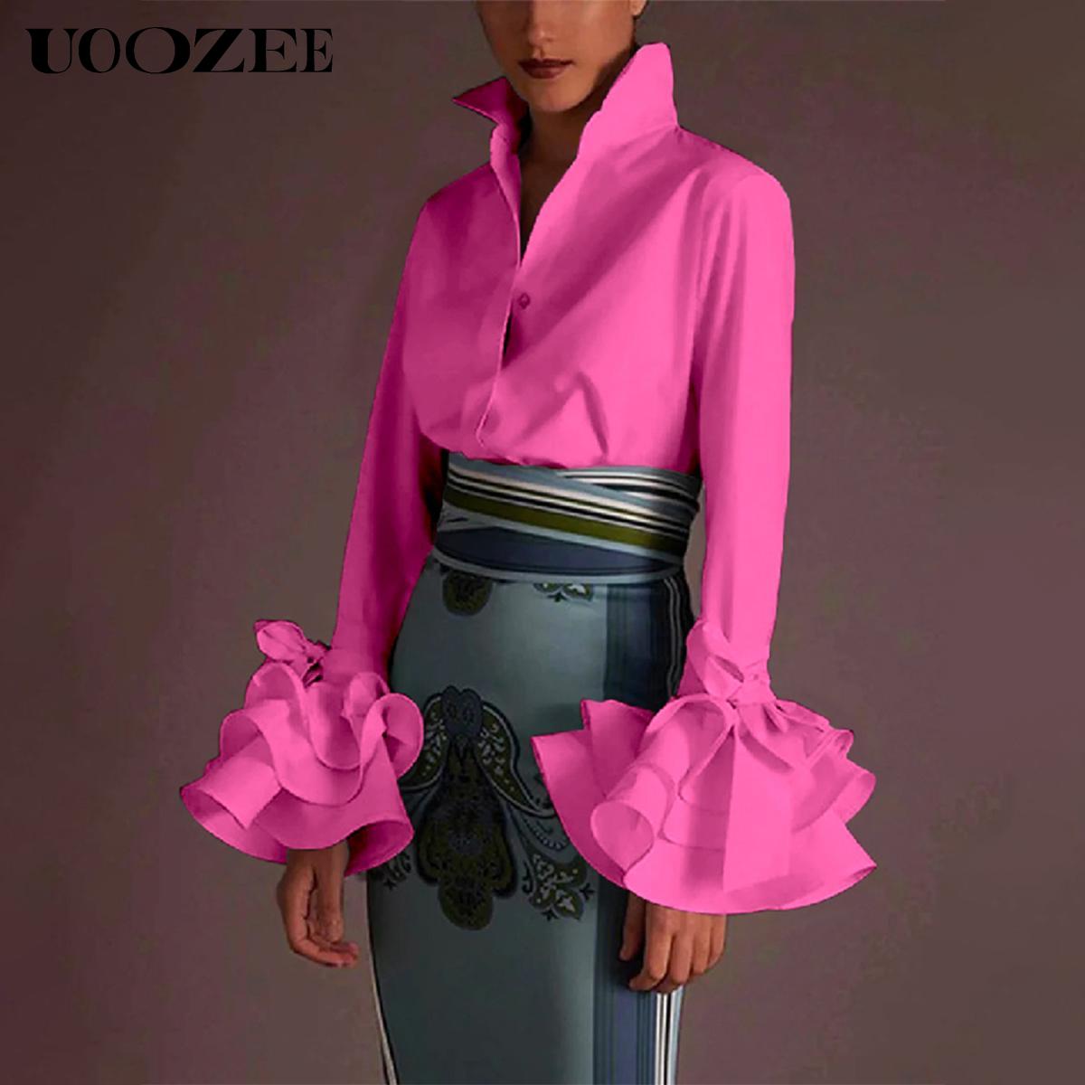 Flared Sleeves Bow-Embellished Falbala Solid Color Lapel Blouses&Shirts Tops Womenswear Casual Elegant Basic Outfit