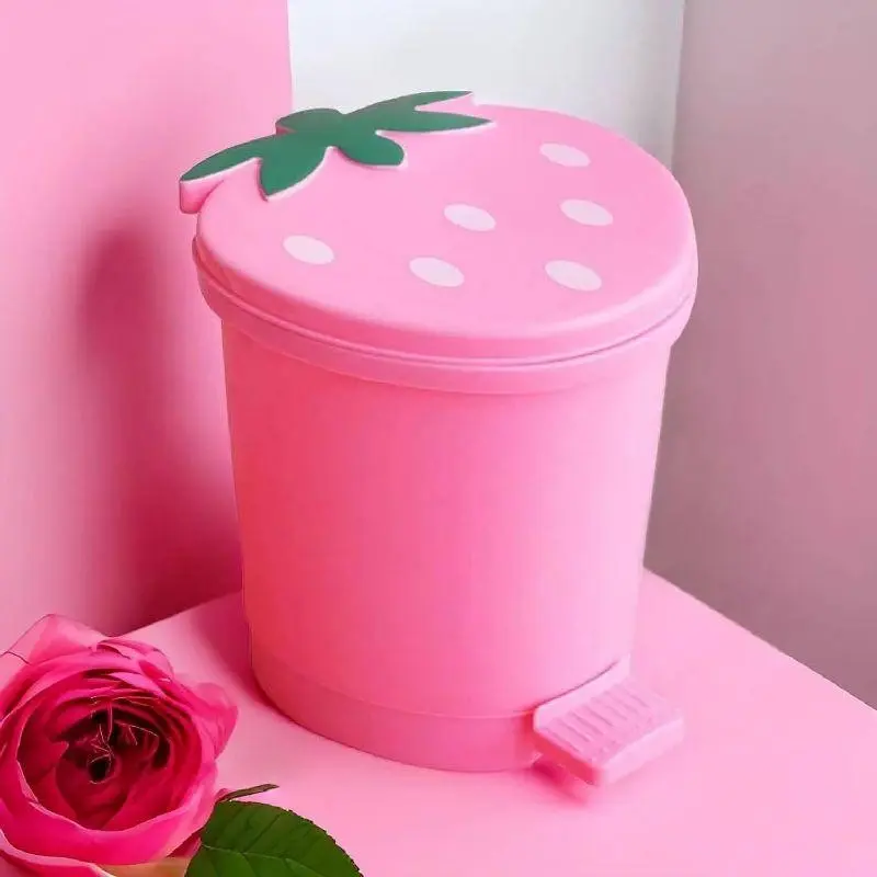 Car Strawberry Plastic Trash Can, Desk Mini Trash Bin, Cartoon Step-On Trash Can, Kids Toy Storage Bucket, Cute Strawberry Bedroom Trash Can, Bin With Lid, Garbage Can With Lid, Desktop Trash Can, Trash Can For Room, Trashcan
