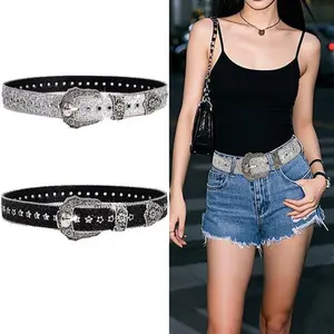 2Pcs Y2K Punk Belt with Star Hollowed Out PU Leather Belt Edgy Fashion Street Style Retro Western Belts for Women Girl Cowgirl Pants Jeans Dresse