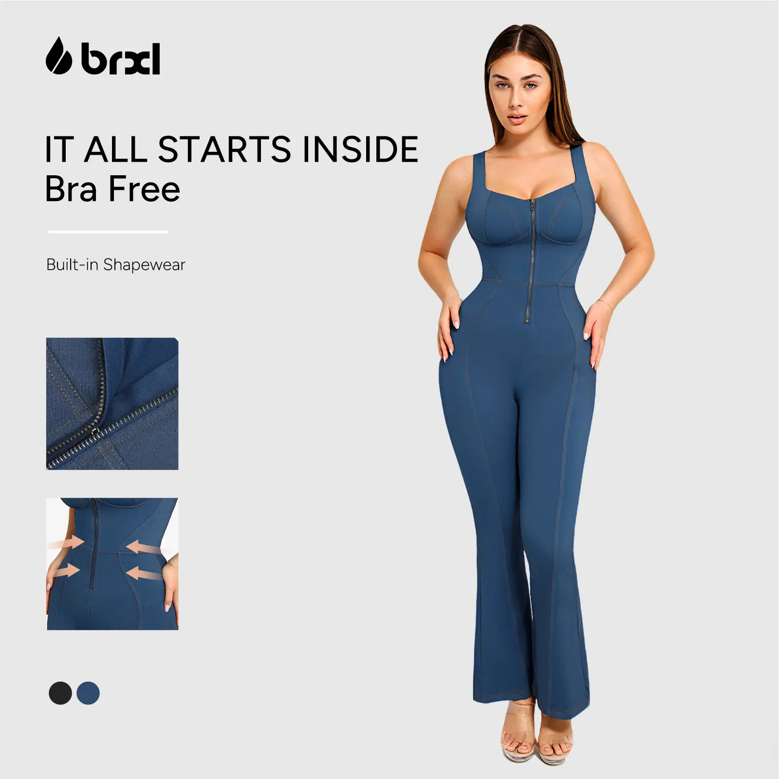 BRXL Women's Faux Denim Shapewear Jumpsuit - Casual Bodycon with Flared Legs and Tummy Control, Strap, Fashion, Women's Clothes, Shape Wear, Sleeveless,back to school,back to school haul