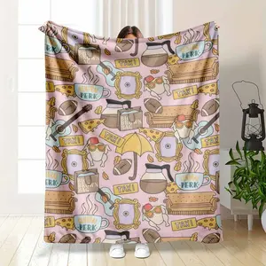 Friends TV Show Flannel Blanket Central Perk Coffee Cup and Sofa Print Cozy Soft Throw Warm Lightweight Reversible Decorative Blanket for Couch Bed Office Travel Movie Night Gift Home Decor