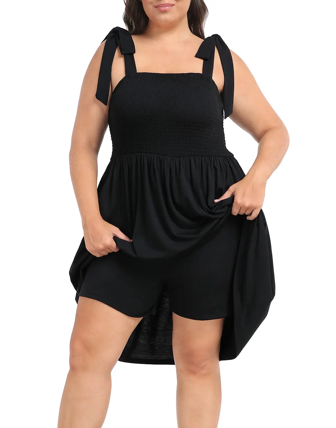 HDE Women's Plus Size Polyester Stretchy Romper Dress - Sleeveless, Fitted, Above-the-Knee, Adjustable Ribbon Tie Straps, Built-in Shorts, Smocked, Pockets, Breathable Casual Summer Curvy Clothing (Rompers for Women)