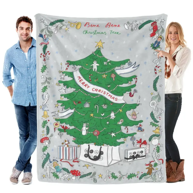 Vintage Hand-Drawn Christmas Tree Flannel Blanket - Whimsical 1-Piece Cottagecore Throw with Warmth Boost for Neutral Christmas Home Interior Decor, One-Piece