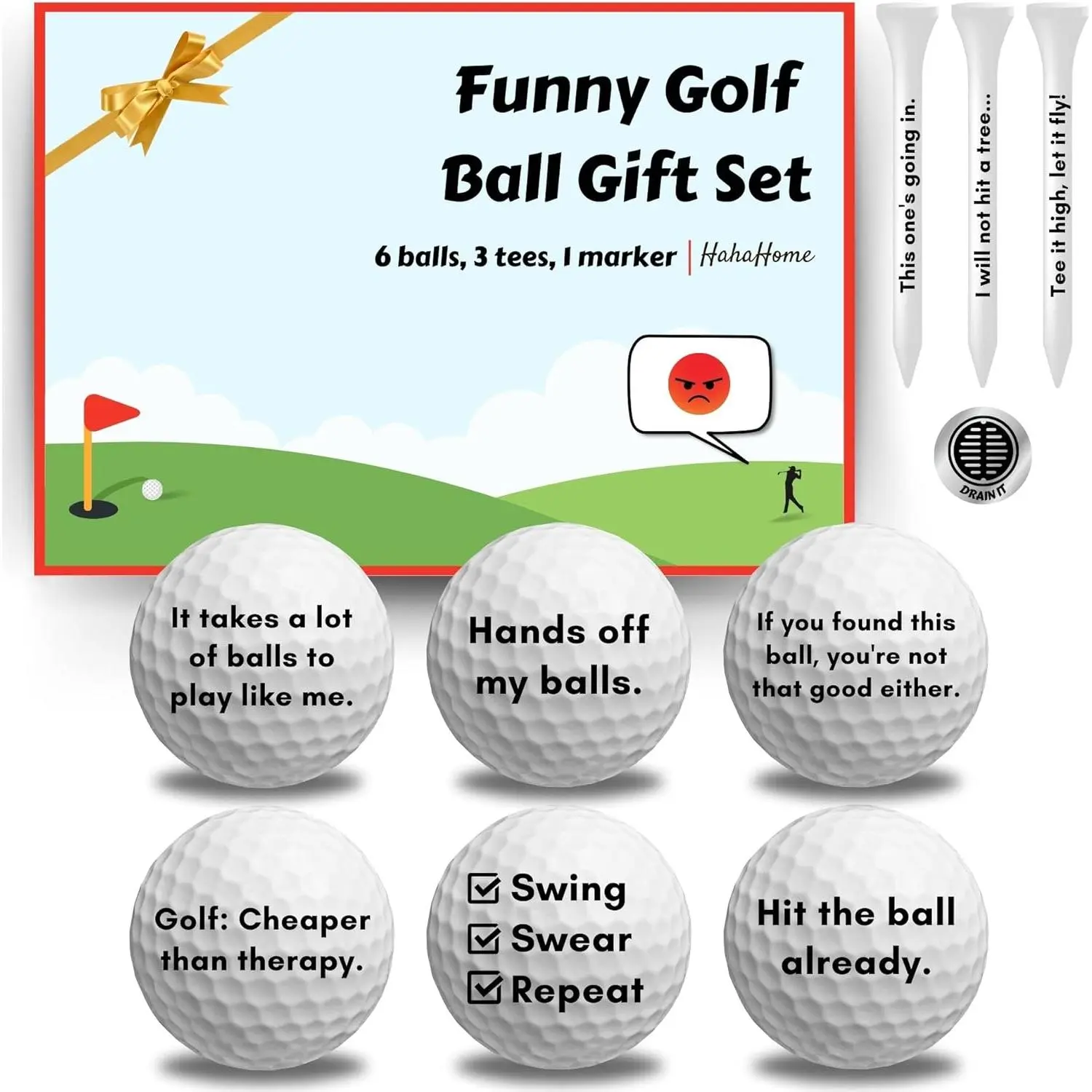 OUTDOOR Funny Golf Ball Gift Set, Funny Golf Gifts for Men - Golf Balls for Dad, Mom, and Golfers - includes 6 Balls, 3 Tees, and 1 Marker