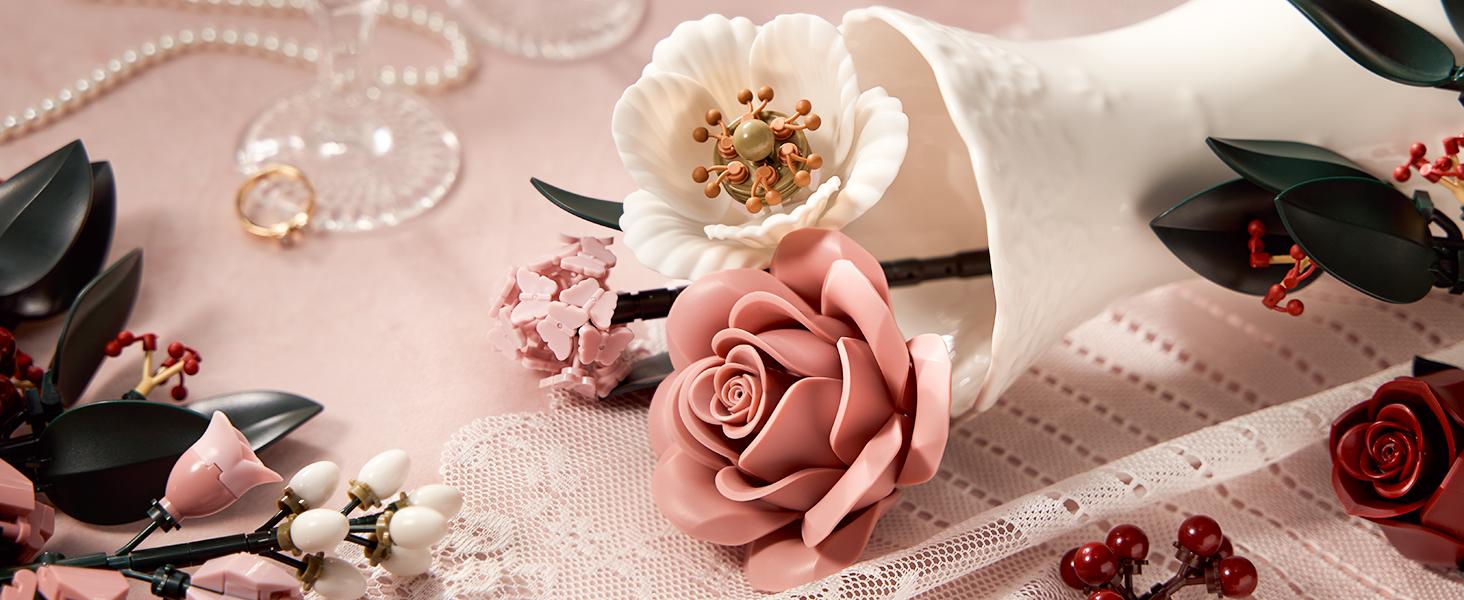 Supreowls Elegant Pink Rose Flower Building Set, Artificial Flowers Botanical Collection Kit for Adults Women & Men – Mother's Day Gift, Valentines Day Gift, Home Room Office Shelf Centerpieces Decor
