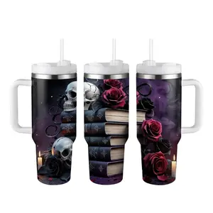 Gothic Bookish 40oz Tumbler with Handle, Dark Academia Skull and Roses Glass, Fantasy Book Lover Gift, Dark Aesthetic Insulated Travel Mug, Moody Floral Reader Cup.