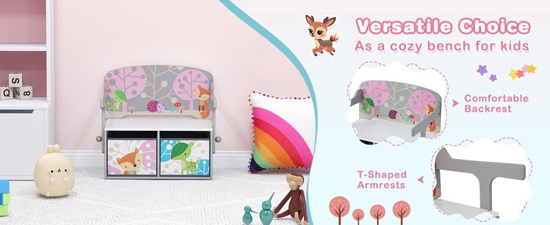 Costzon 3-in-1 Convertible Wooden Toy Storage Bench with Handle, 2 Bins for Kids Reading Nook, Toddler Table and Chair Set for Daycare Playroom Classroom,Christmas Festival Gift Black Friday Cyber Monday