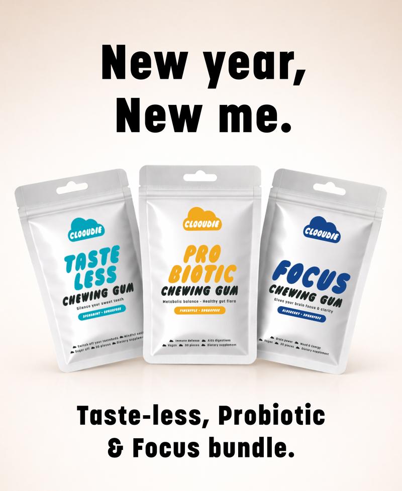 Clooudie California, New Year New Me Bundle: Tastless Chewing Gum + Probiotic Chewing Gum + Focus Chewing Gum, Support Gut & Digestive Wellness, Reduce Sweet Signal, Help With Eating Healthy, Acitivate Focus, Clinically Tested, Vegan, Non-GMO & Sugar-Free
