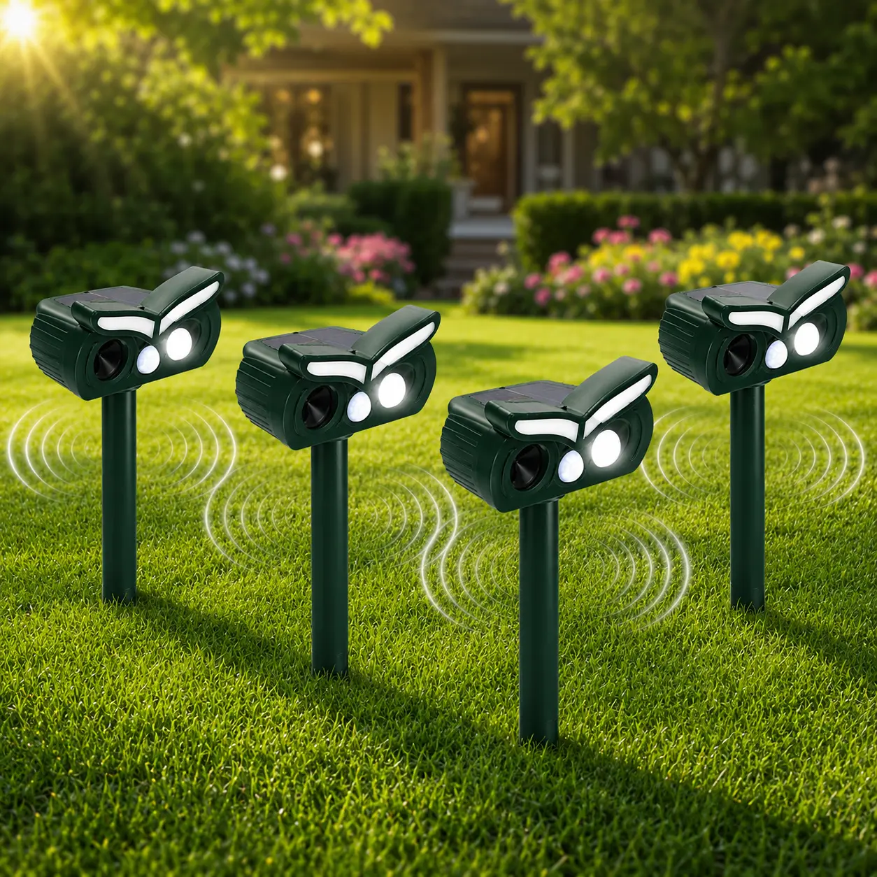 Solar Animal Repeller 4-Pack - Motion Sensor Ultrasonic Pest Repellent with Flashing LED Light, Waterproof Rechargeable Solar-Powered Defender for Garden, Lawn, Repels Deer, Squirrels, Raccoons, Rodents, Snakes
