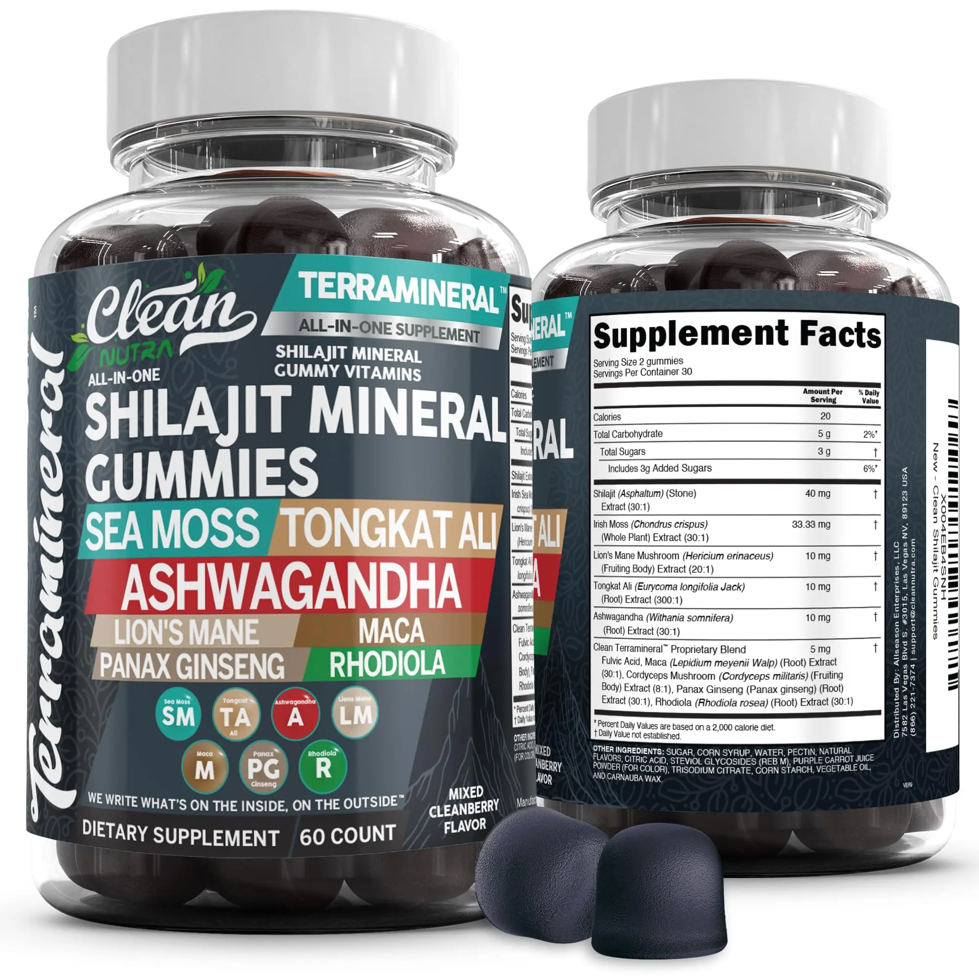 Clean Nutra Shilajit Mineral Gummies with Sea Moss, Tongkat Ali, Ashwagandha, Lion's Mane, Maca, Rhodiola & More for Health & Energy Support - Terramineral