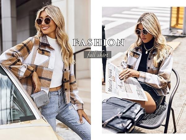 Womens Cropped Flannels Plaid Jacket Fall  Shirt Coat Button Casual collar basic jackets Chrismas