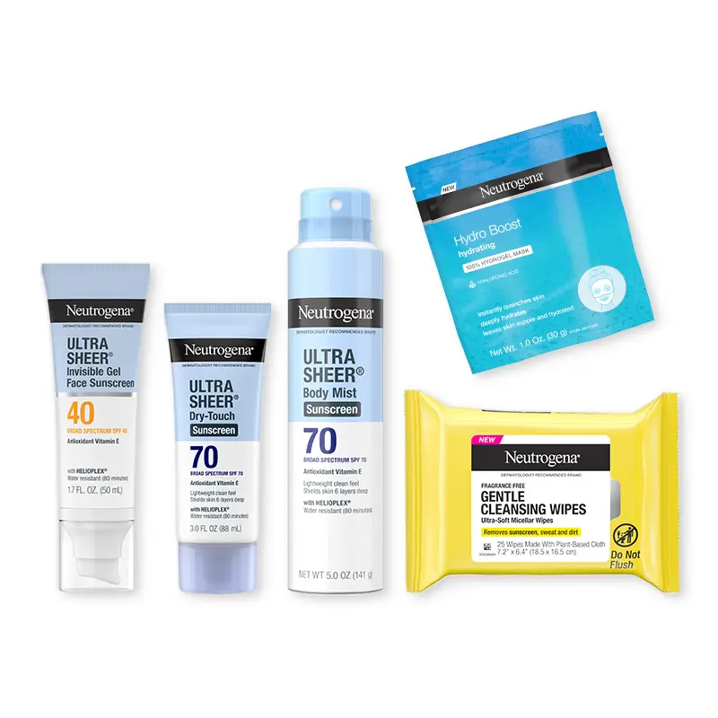 Neutrogena Sun-Ready Collection with FREE Hydro Boost Sheet Mask | Water Resistant Face & Body SPF plus Gentle Cleansing Wipes for SPF Removal