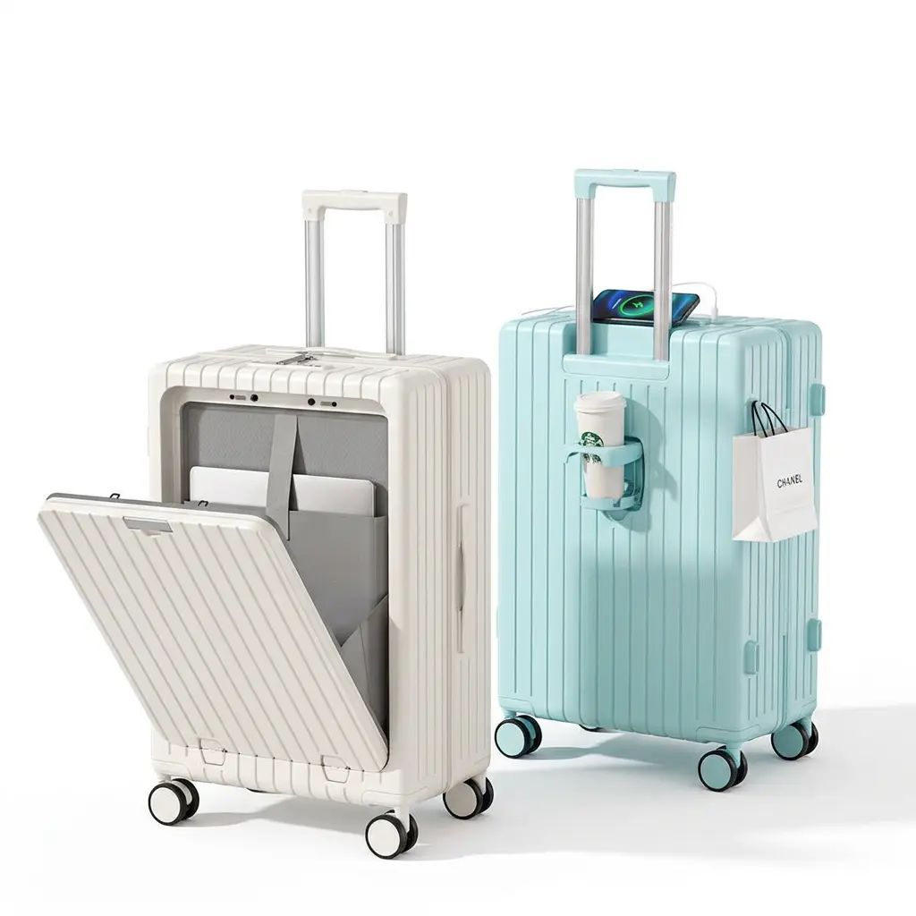 LING RONG Carry On Luggage, Modern Durable ABS+PC Hard Shell with Ribbed Texture, Front Opening, Cup Holder, USB Charge Port & TSA Combination Lock, Durable Luggage Bag, Handy Carry Luggage