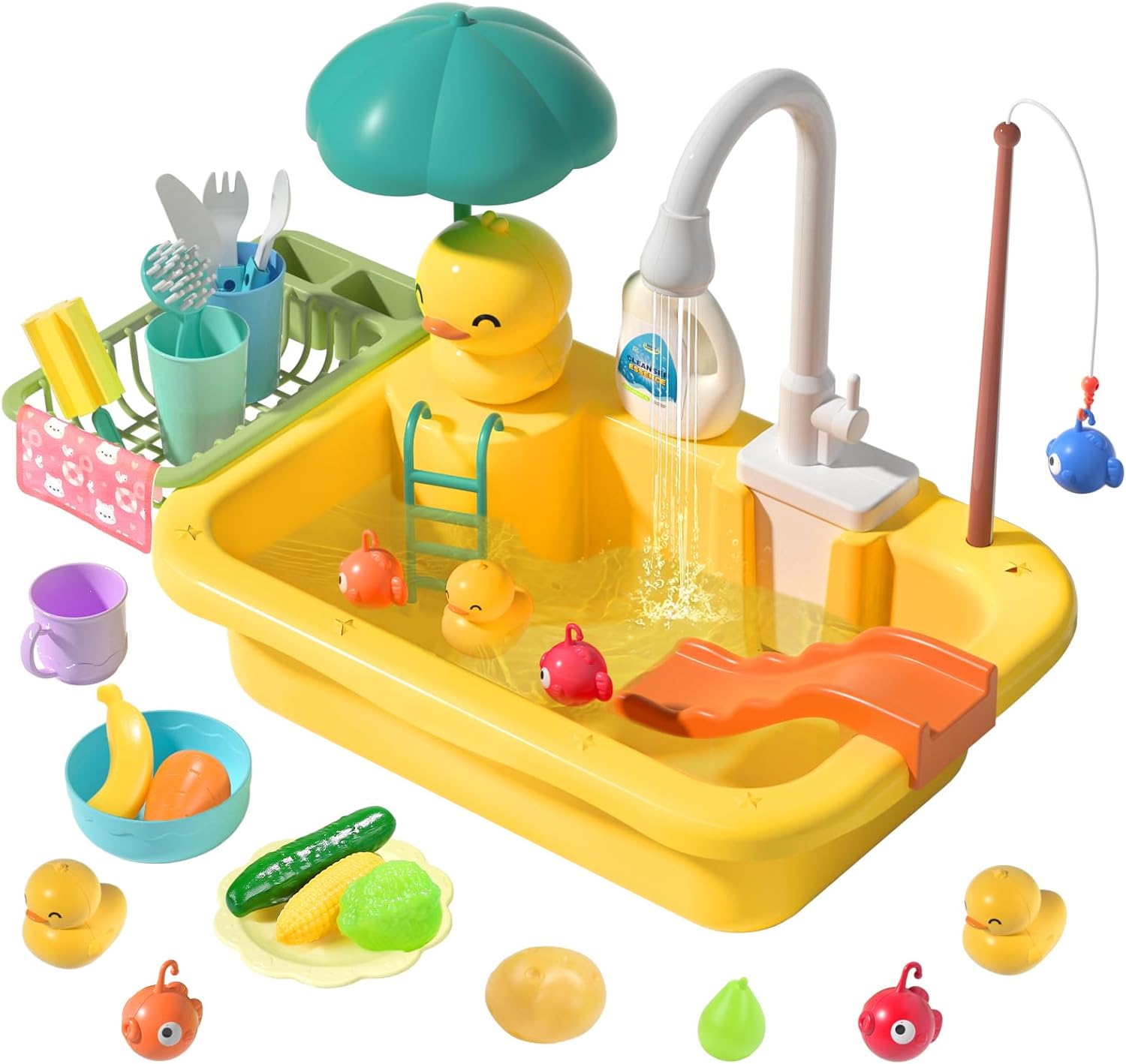 CUTE STONE Play Sink with Running Water, Play Kitchen Sink Toys with Play Food & Kitchen Utensils, Pool Floating Toys for Fishing Game, Safe ABS Plastic, 1.7L Capacity, Ideal for Kids