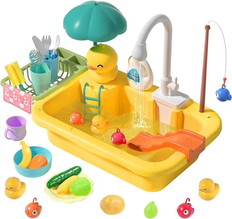 CUTE STONE Play Sink with Running Water, Play Kitchen Sink Toys with Play Food & Kitchen Utensils, Pool Floating Toys for Fishing Game, Safe ABS Plastic, 1.7L Capacity, Ideal for Kids