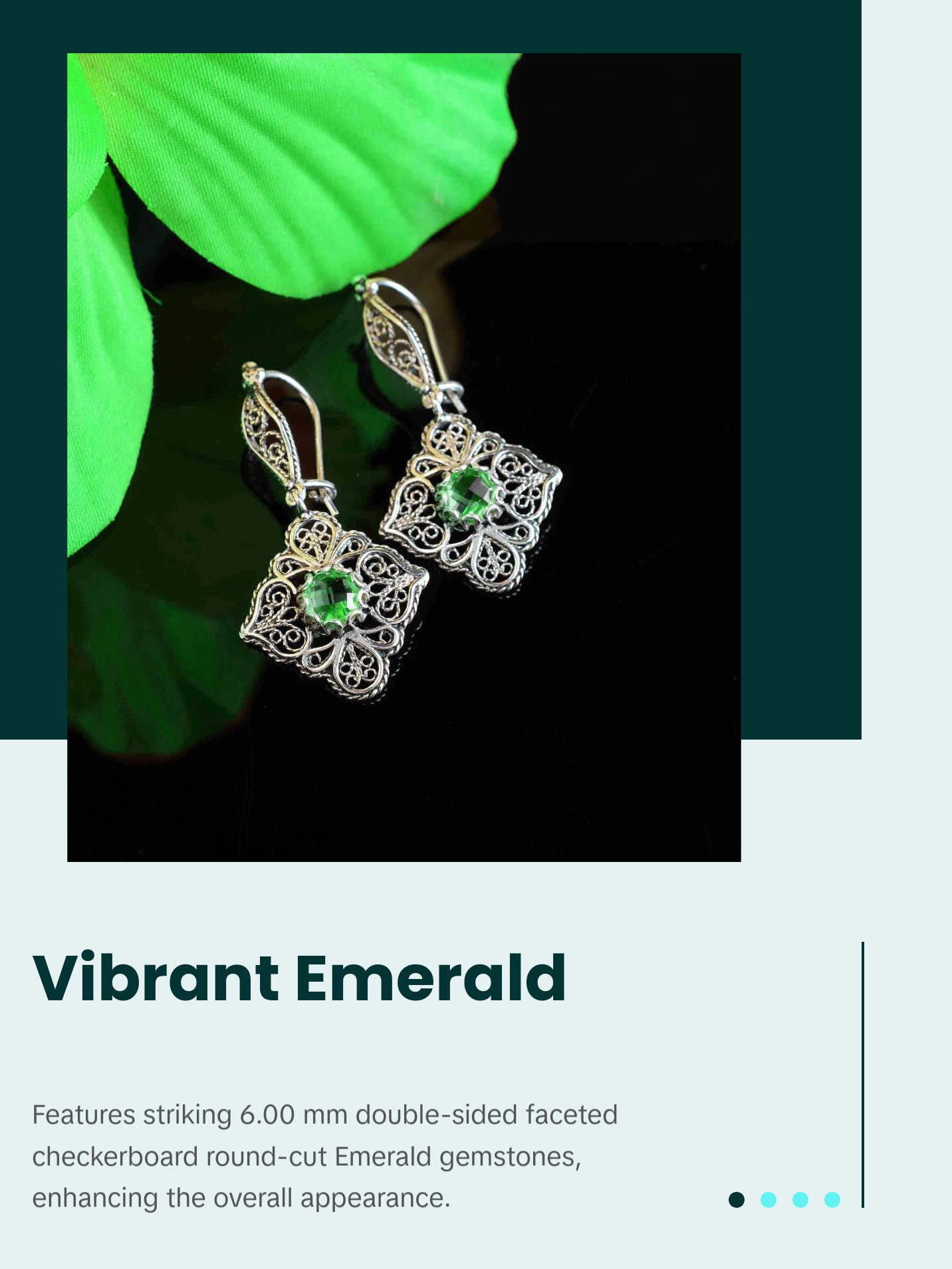 Sterling Silver Filigree Art Emerald Gemstone Woman Dangle Drop Earrings