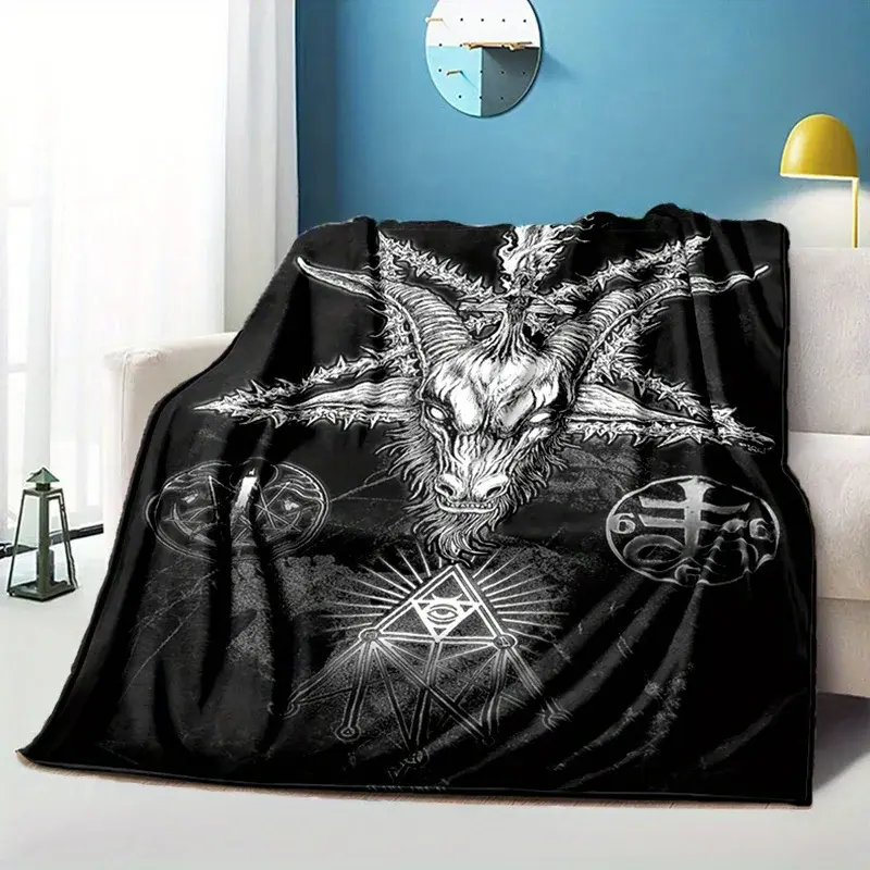 Satanic Goat Head Flannel Fleece Blanket - Soft Comfy, All-Season Black & White Mystical Pattern with Pentagram & Flames, Gothic Home Decor, Machine Washable Throw Blanket, Flannel Fleece Blankets, Machine Washable Blanket